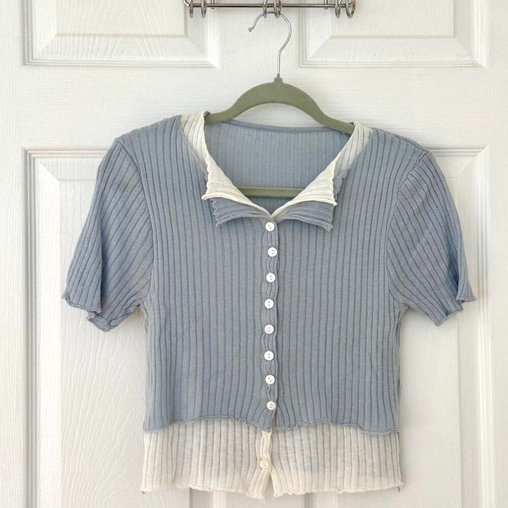 Blue and white button-up top